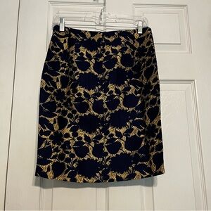 J. Crew Blue Gold Floral Metallic Jacquard Pencil Skirt Wool Blend Mini Size 0